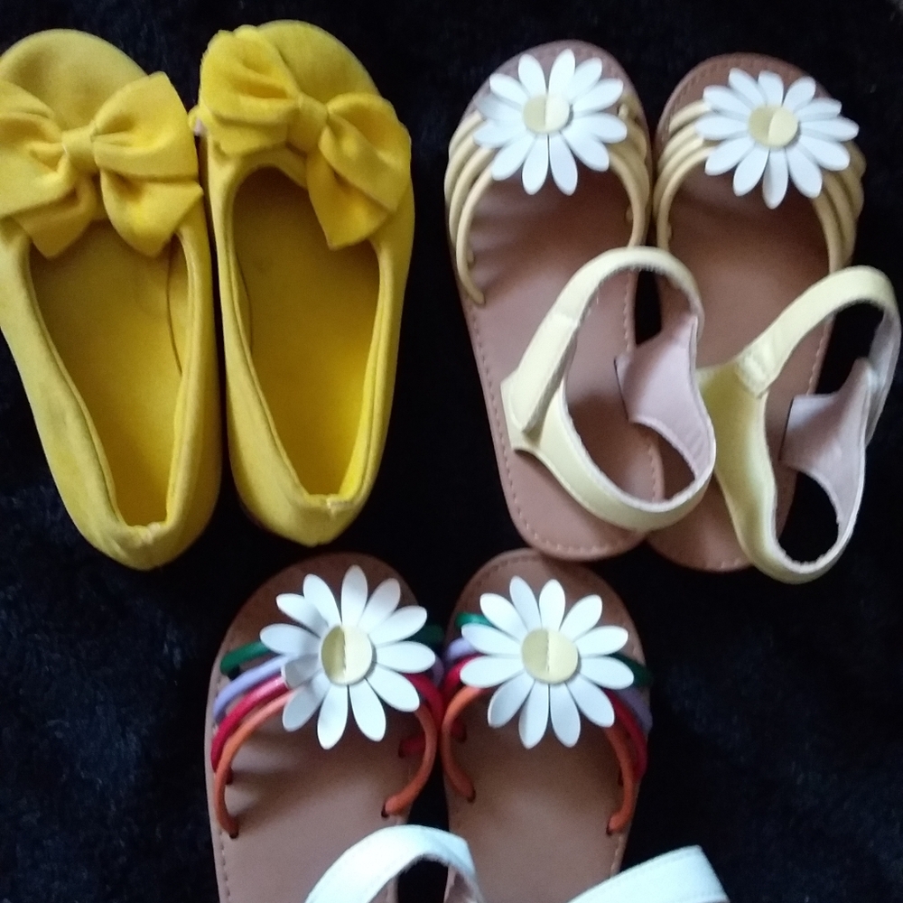 Girls Yellow Bow Ballet Flats / Yellow Daisy Sandals - Kids Shoes Set of Three